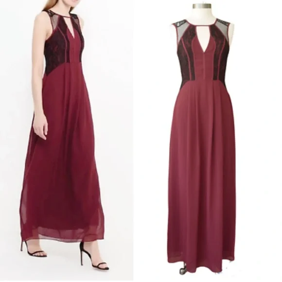 BCBGeneration | Dresses | Nwt Bcbgeneration Burgundy Brulee Chiffon Maxi  Dress With Black Lace Inset | Poshmark